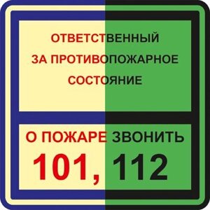 Знак T303 Ответственный за противопожарное состояние / О пожаре звонить 101, 112 ГОСТ 34428-2018 (Фотолюминесцентный