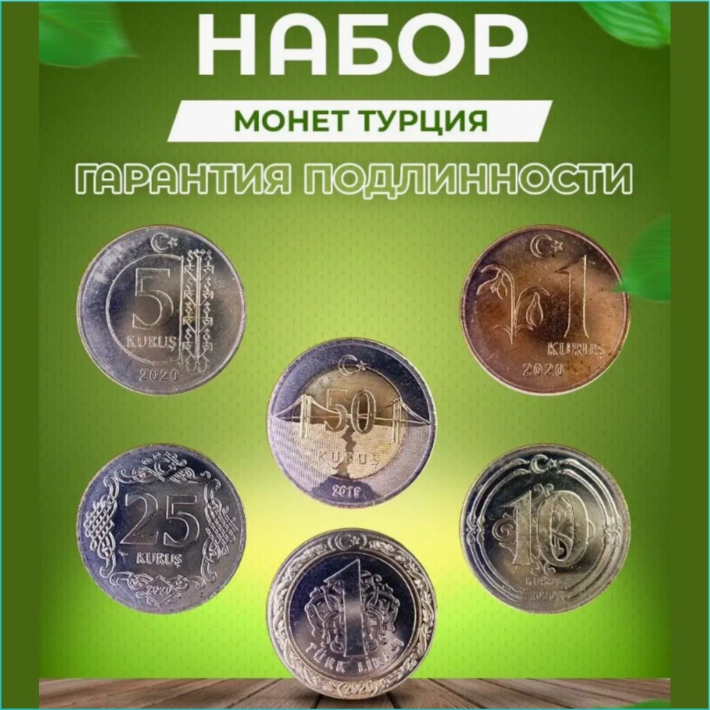 Набор монет "1, 5, 10, 25, 50 куруш и 1 лира (Турция 2019-2022) 5 шт. от компании L-Shop - фото 1