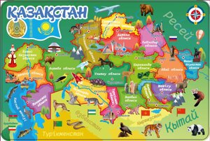 Большой деревянный фигурный пазл "Карта Казахстана на Казахском языке", 72 детали